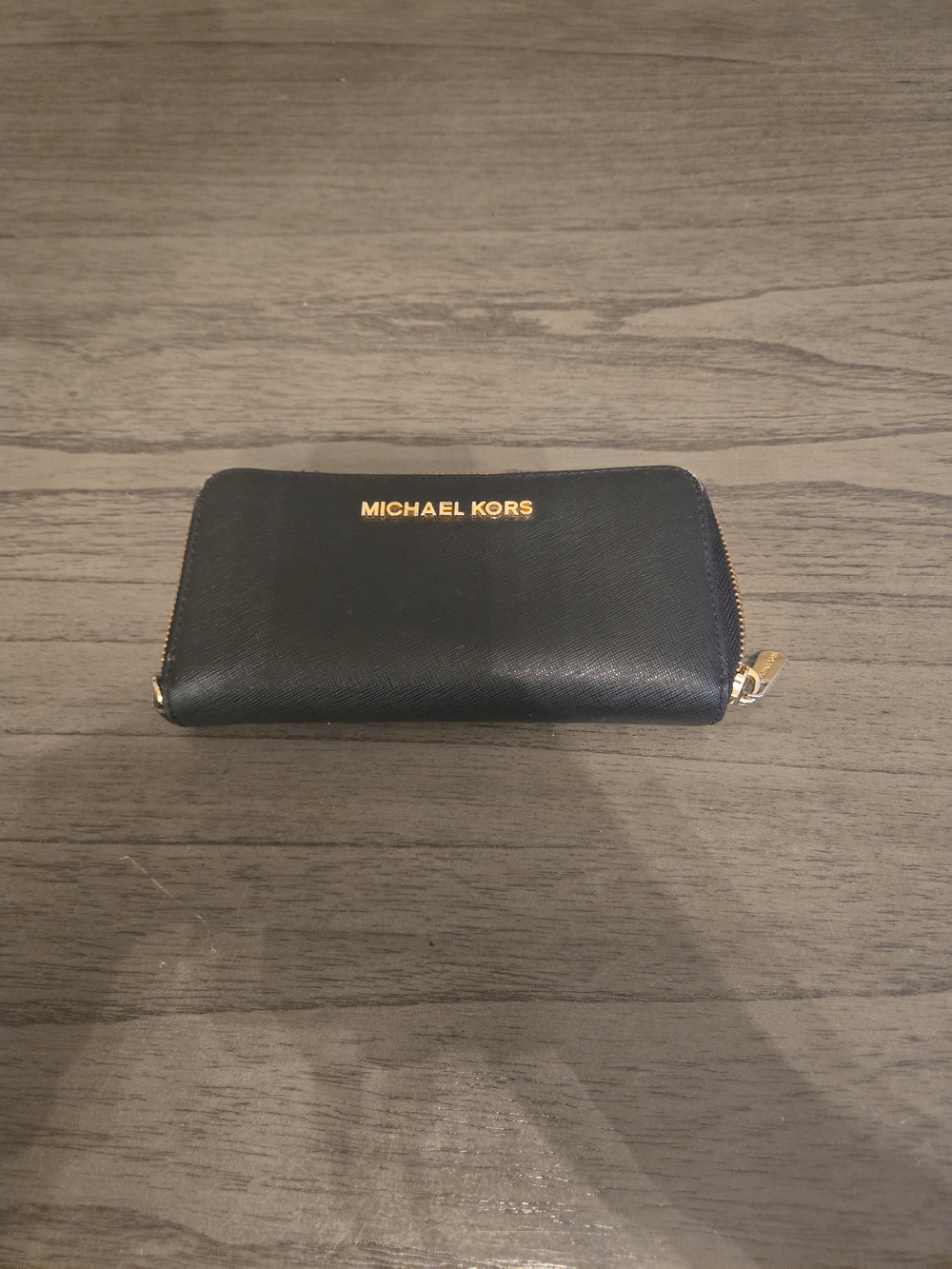 Michael Kors Black Leather Zip Wallet with Gold Logo